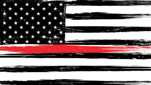 illustrazioni stock, clip art, cartoni animati e icone di tendenza di bandiera grunge usa con una sottile linea rossa - un segno per onorare e rispettare i vigili del fuoco americani. - grungy flag