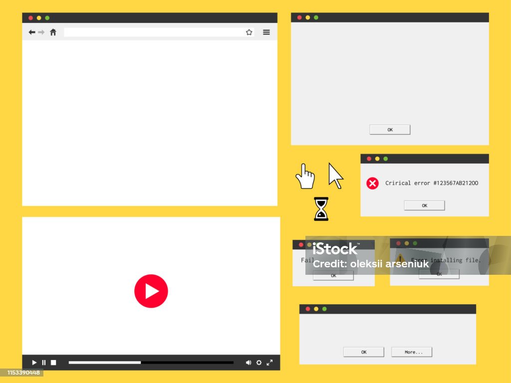 Flat browser window, audio player, error message and dialog box. Computer mouse cursor Flat browser window, audio player, error message and dialog box. Computer mouse cursor. Window stock vector