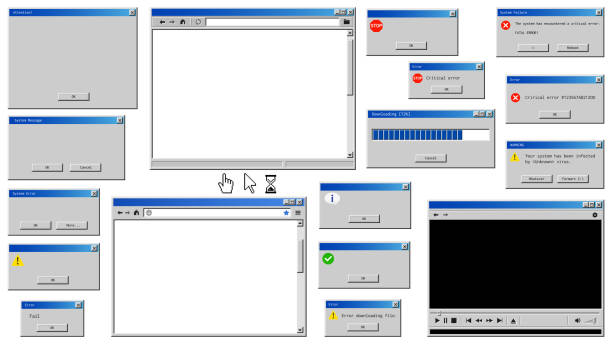 ilustraciones, imágenes clip art, dibujos animados e iconos de stock de viejas ventanas de interfaz de usuario. navegador retro y mensaje de error emergente. - computer