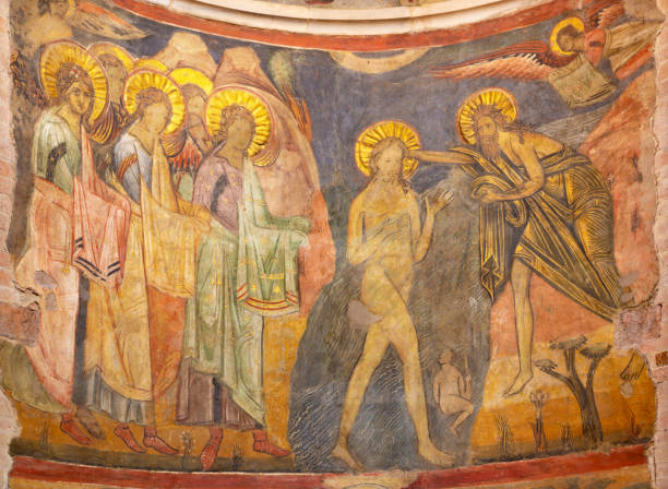 parma-emilia bölgesinden zanaatkârların vaftizli bizans ikonik tarzında isa 'nın fresk vaftiz 14. 15. cent. - vaftizhane stok fotoğraflar ve resimler