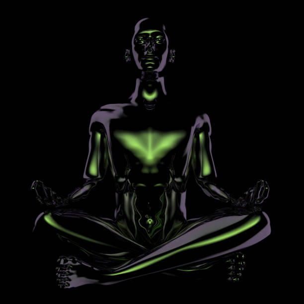 istock Man lotus pose stylized figure. Human guru character black 1153392051