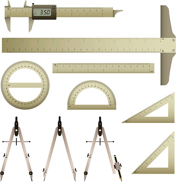 linia cyfrowego calipers (znaczniki pomiarowe) z kątomierz i kompas w wektor - ruler wood measuring instrument of measurement stock illustrations