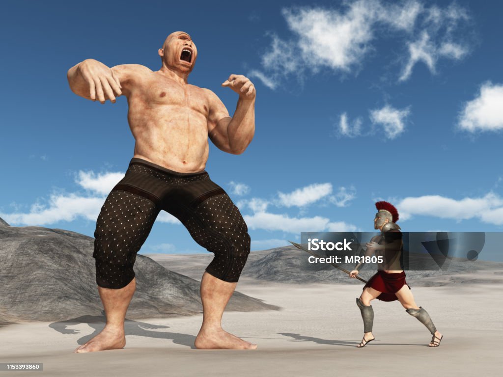 Odysseus taunts the cyclops Polyphemus Computer generated 3D illustration with Odysseus and the cyclops Polyphemus in a landscape Cyclops Stock Photo