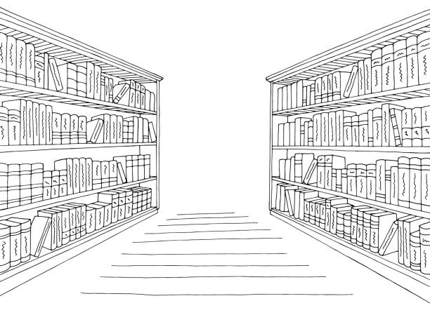 ilustraciones, imágenes clip art, dibujos animados e iconos de stock de biblioteca estante gráfico de boceto de dibujo interior blanco negro - biblioteca