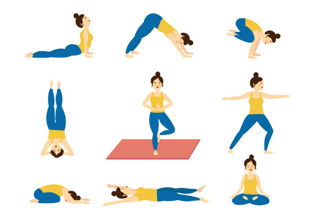 Set of yoga poses, illustrated Illustrations of yoga poses headstand stock illustrations