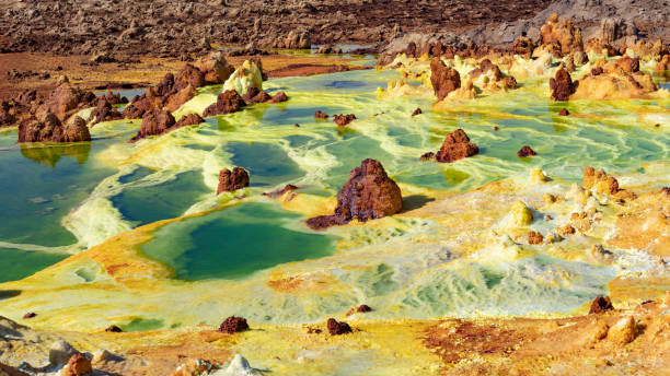 stagni acidi nel sito di dallol nella depressione di danakil in etiopia, africa - salt pond foto e immagini stock