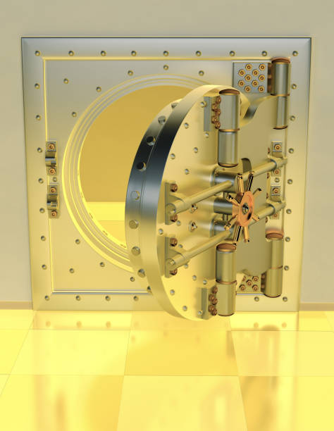 istock Front view of light gold bank vault door, closed. 3D Render 1153404542