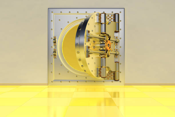 istock Front view of light gold bank vault door, closed. 3D Render 1153404563