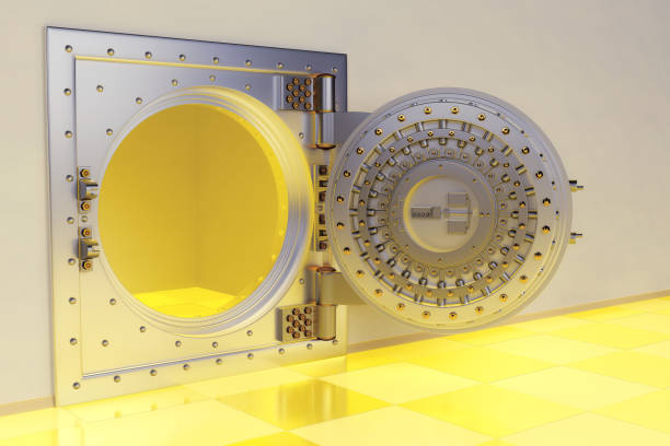 istock Front view of light gold bank vault door, closed. 3D Render 1153404572