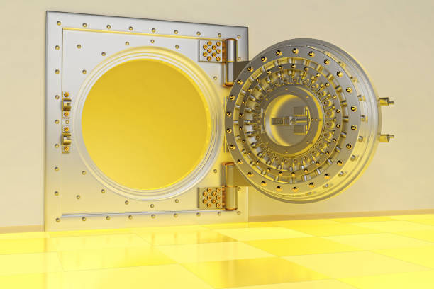 istock Front view of light gold bank vault door, closed. 3D Render 1153404591