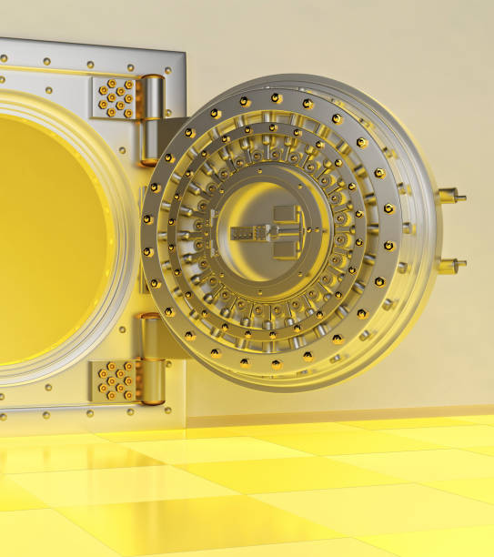 istock Front view of light gold bank vault door, closed. 3D Render 1153404601