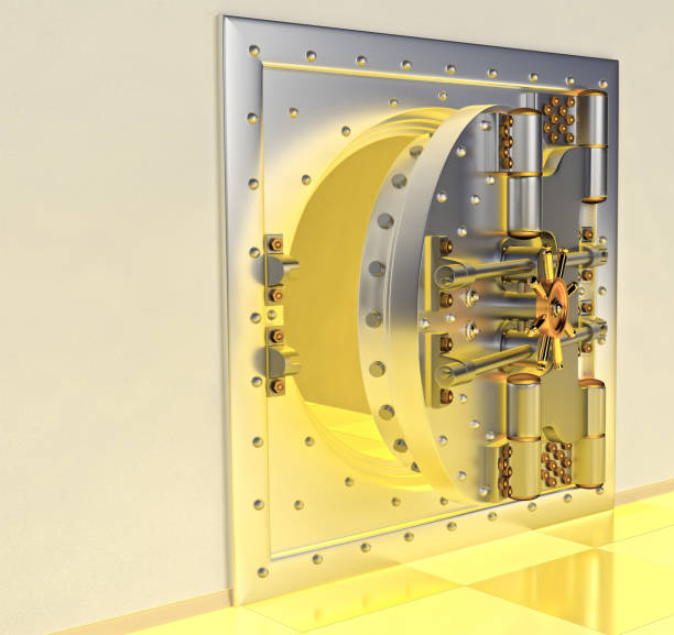 istock Front view of light gold bank vault door, closed. 3D Render 1153404605