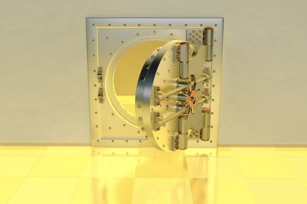 istock Front view of light gold bank vault door, closed. 3D Render 1153404611