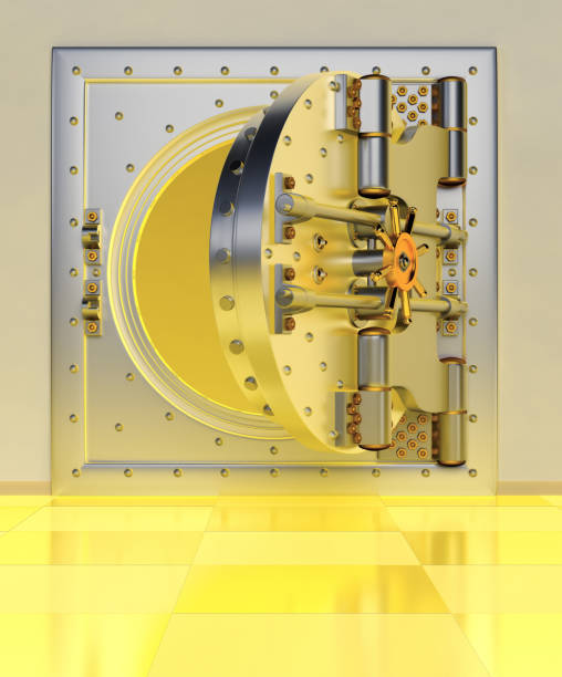 istock Front view of light gold bank vault door, closed. 3D Render 1153404621