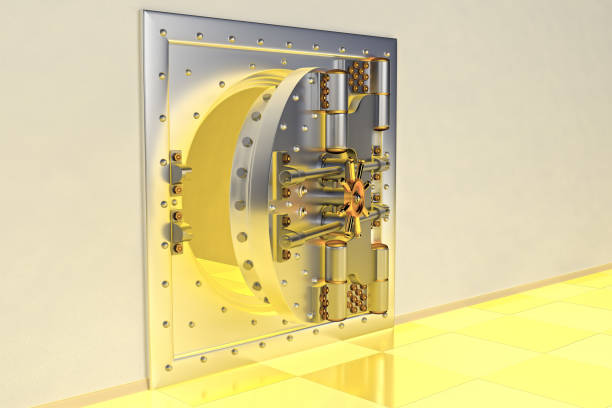 istock Front view of light gold bank vault door, closed. 3D Render 1153404627