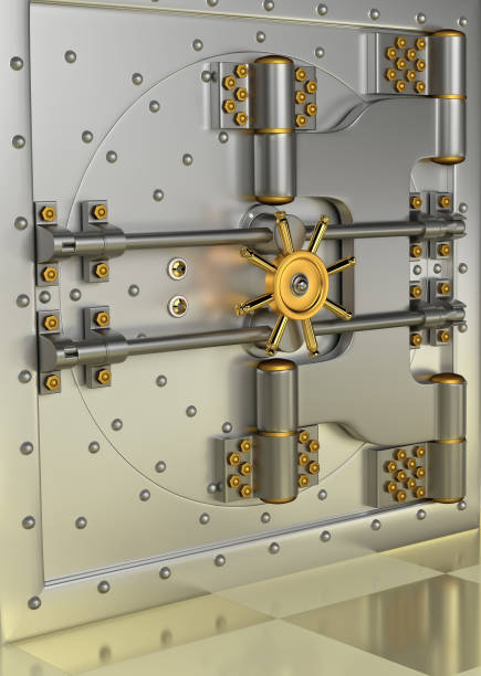 istock Front view of light gold bank vault door, closed. 3D Render 1153404638