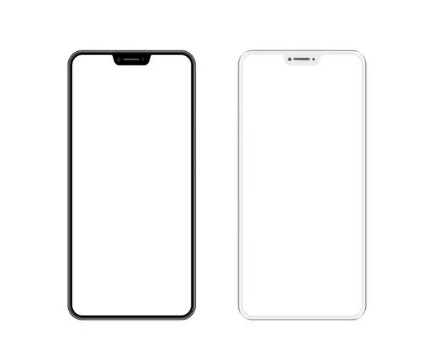 Photo of White and Black Smartphone with Blank Screen. Mobile Phone Template. Copy Space
