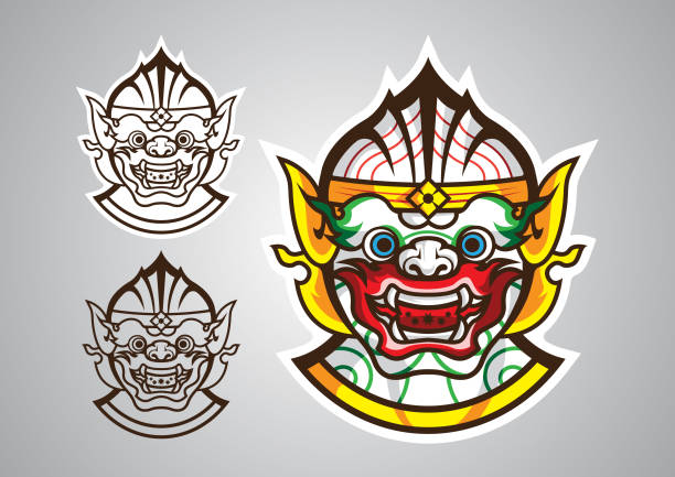 ilustraciones, imágenes clip art, dibujos animados e iconos de stock de hanuman-monkey-linethai-emblema-logo-vector - hanuman