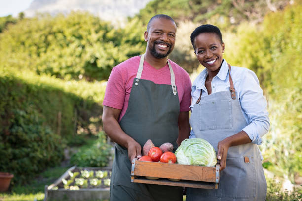 アフリカの農夫のカップルは、野菜クレートを保持 - africa farmer african descent agriculture ストックフォトと画像