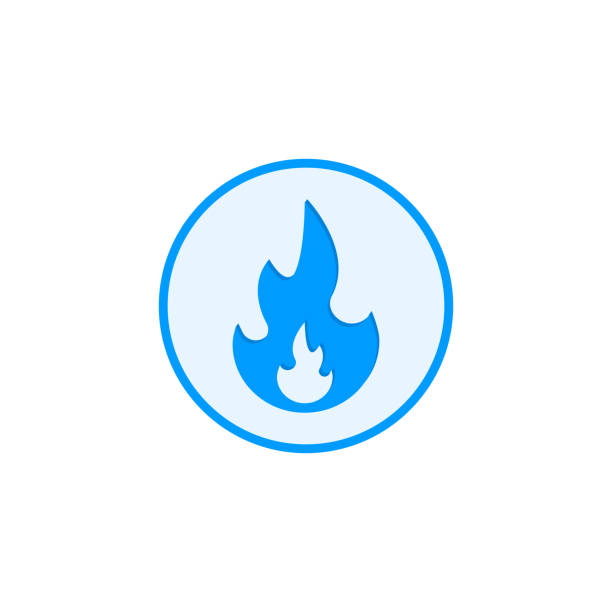 gasflamm-vektor-symbol isoliert auf runden hintergrund. unterschreiben sie blauen knopf brennendes erdgas im flachen stil - flame gas natural gas blue stock-grafiken, -clipart, -cartoons und -symbole