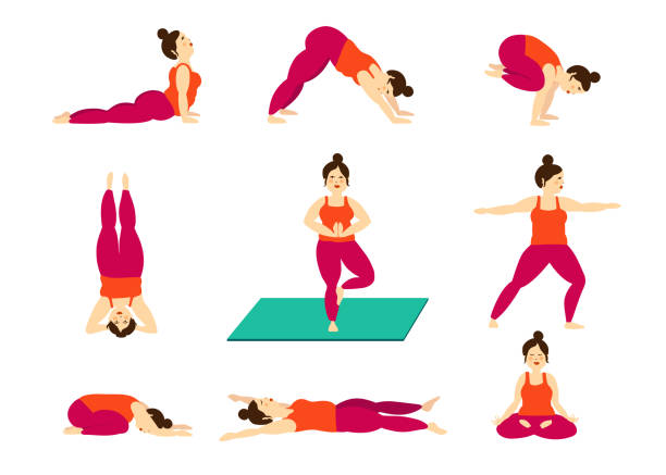 Set of curvy girl yoga poses, illustrated Illustrations of curvy girl yoga poses headstand stock illustrations