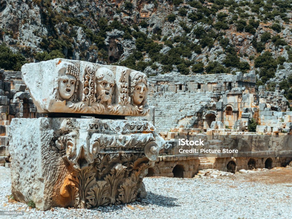 Lycian tombs of Mira Fragments of sculptures in the necropolis of Lycian tombs carved into the rock Myra Stock Photo