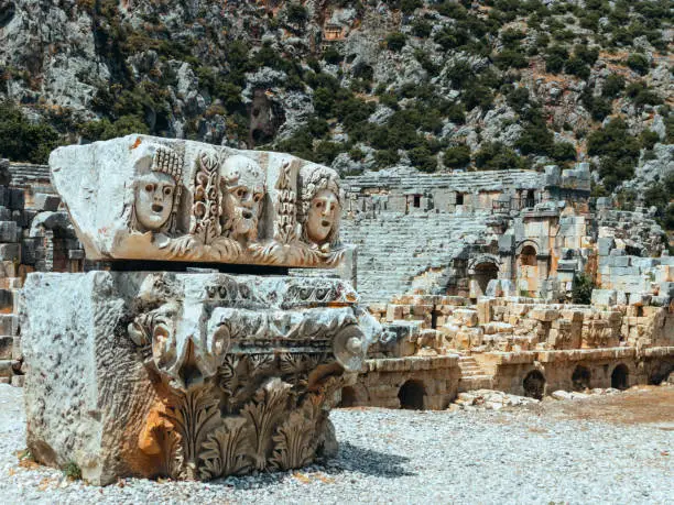 Fragments of sculptures in the necropolis of Lycian tombs carved into the rock