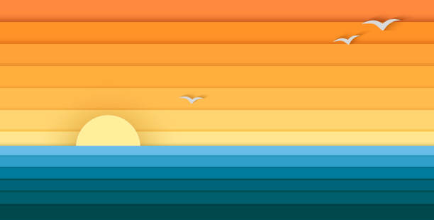 太陽と海の紙、デザインのための現代的なバナー - 夕日点のイラスト素材／クリップアート素材／マンガ素材／アイコン素材