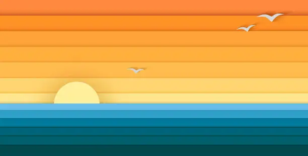 Vector illustration of Sun and Sea from Paper, Modern Banner For Design