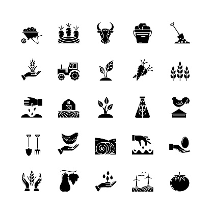 Agriculture and farming flat design icons in flat silhouette style. Clean simple shapes, easy to edit.