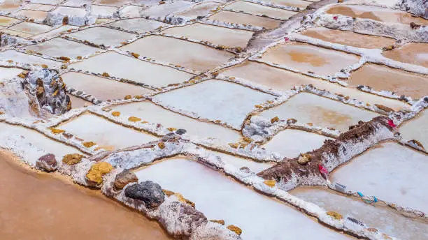 Photo of Detail of the salt terraces in the salt pans of Maras, salineras de Maras near Cusco in Peru, salt mines made by man