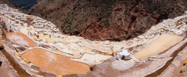 Photo of Detail of the salt terraces in the salt pans of Maras, salineras de Maras near Cusco in Peru, salt mines made by man