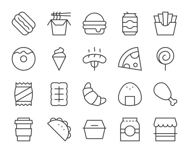 fast food-light line icons - kartoffelknödel essen stock-grafiken, -clipart, -cartoons und -symbole