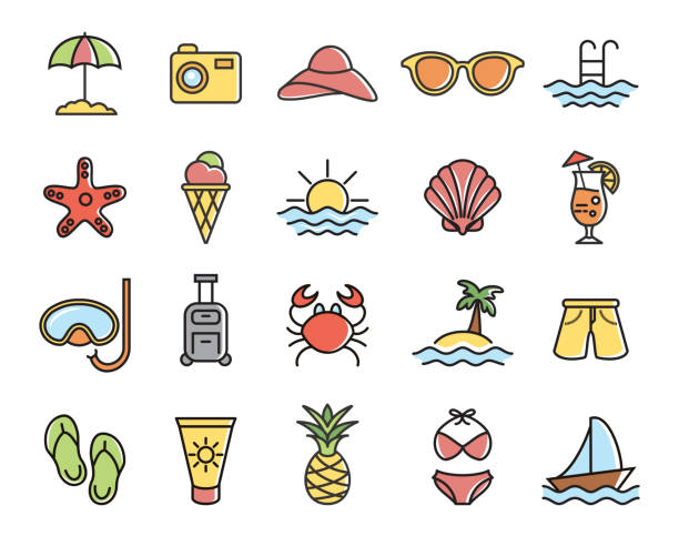 여름, 여행, 휴일 및 해변 아이콘 세트 - swimming trunks swimwear clothing beach stock illustrations