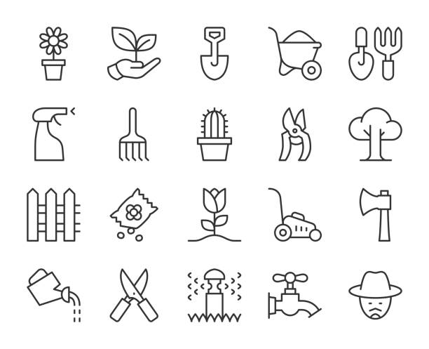 gärtnern-light line icons - gardening shovel trowel flower stock-grafiken, -clipart, -cartoons und -symbole