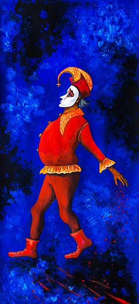 Fashionable illustration allegory modern work of art Impressionism symbolic picture my original oil painting on canvas vertical theatrical portrait figure Harlequin in a red carnival costume tights of red dance shoes and a cap with a star in his hand walking through the clouds against the night sky of planets and space constellations