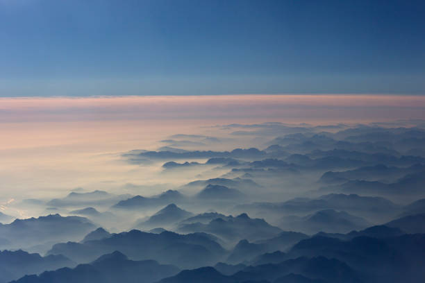 beautiful landscape of adriatic mountains. view from the airplane window. - mountain range earth sky airplane imagens e fotografias de stock