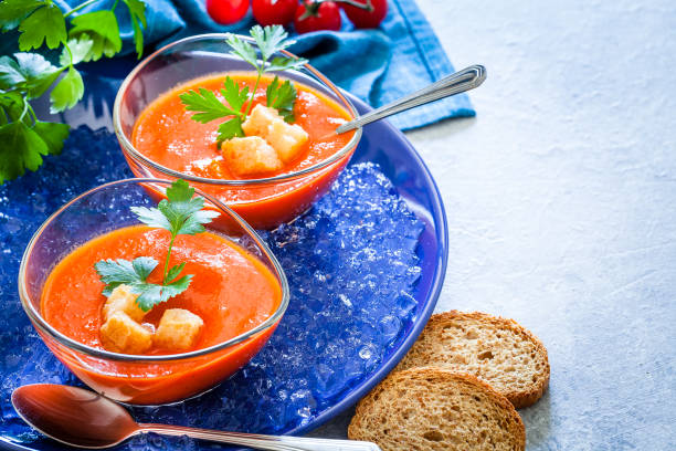 istock Spanish gazpacho in glass bowls with copy space 1153436671