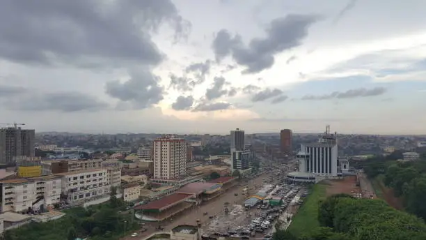 A view of several administrative buildings on one of the main boulevards in Yaounde, the capital of Cameroon. This photo was taken from the top of the Hilton Hotel in Yaounde.