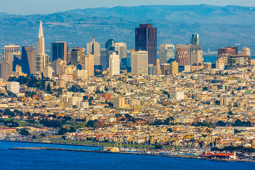 San Francisco city skyline seen from the Marin Headlands in California at sunset