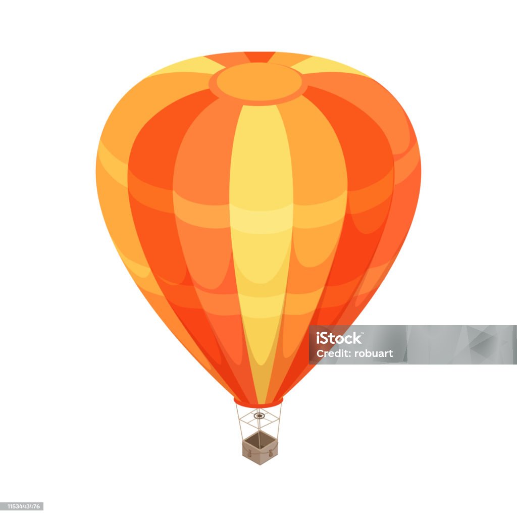 Balloon Vector Icon in Isometric Projection Balloon isometric projection icon. Orange striped hot air balloon with basket vector illustration isolated on white background. For game environment, transport infographics, logo, web design Isometric Projection stock vector