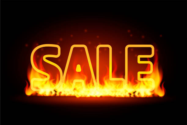 istock Realistic 3D Fire burning text Sale, special offer banner. Hot red flame glowing on black barckground. For seasonal discount poster, illustration, flyer, balck friday advertisement template, shop now 1153443963