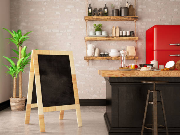 istock Kitchen Counter with Foods and Menu Sign Board 1153444264
