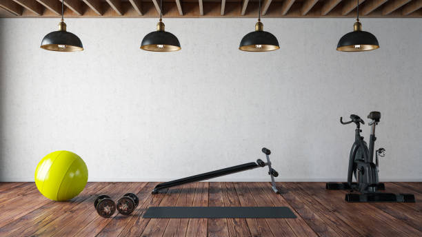 Modern wood decor gym and fitness. 3D Render