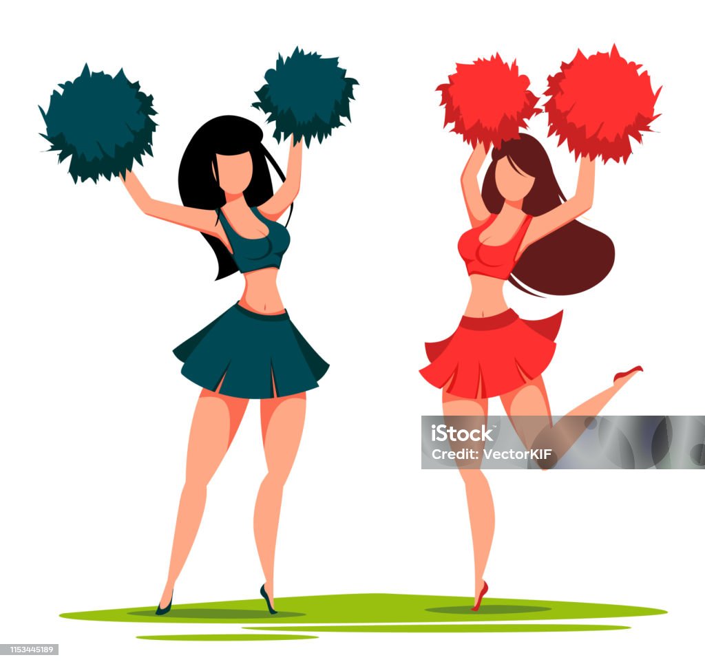 Two Cheerleader Women With Pom Poms Stock Illustration - Download Image Now  - Cheering, Cheerleader, Pom-Pom - iStock