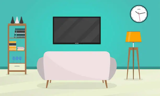 Vector illustration of TV and Sofa in the living room. Home furniture background. Vector illustration.
