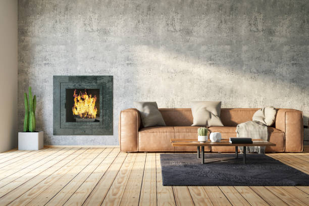 Loft Room with Fireplace Interior with armchair, coffee table and fireplace. fireplace and armchair stock pictures, royalty-free photos & images