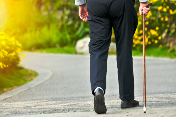 Chinese man walking with a cane down the path in Springtime nature,elderly people concept stock photo