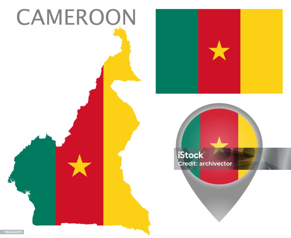 Cameroon Colorful flag, map pointer and map of Cameroon in the colors of the Cameroonian flag. High detail. Vector illustration Abstract stock vector