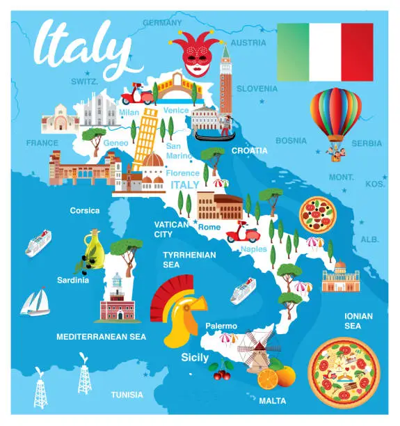 Vector illustration of CARTOON MAP OF ITALY